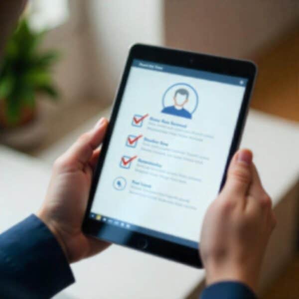 Person holding a tablet displaying a checklist with profile image at the top.